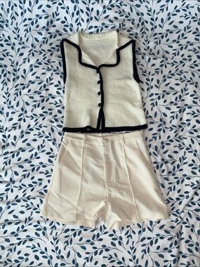 Cream Knit Cropped Vest with Black Piping & Cream Shorts